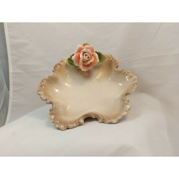 Vintage Porcelain Leaf Shape Dish w/Applied Rose Capodimonte Style 8" - Picture 2 of 10